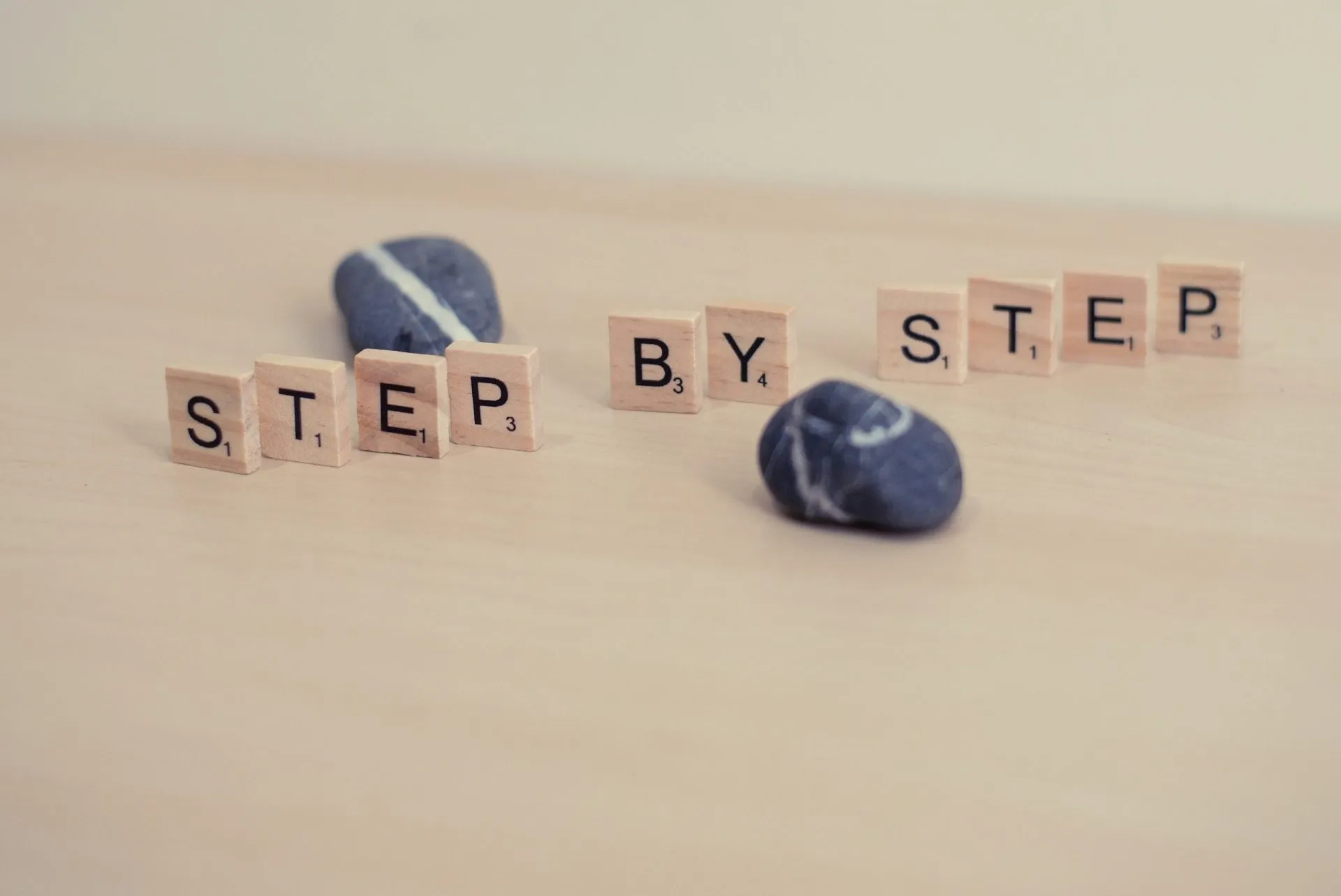 "step by step" scrabble letter blocks